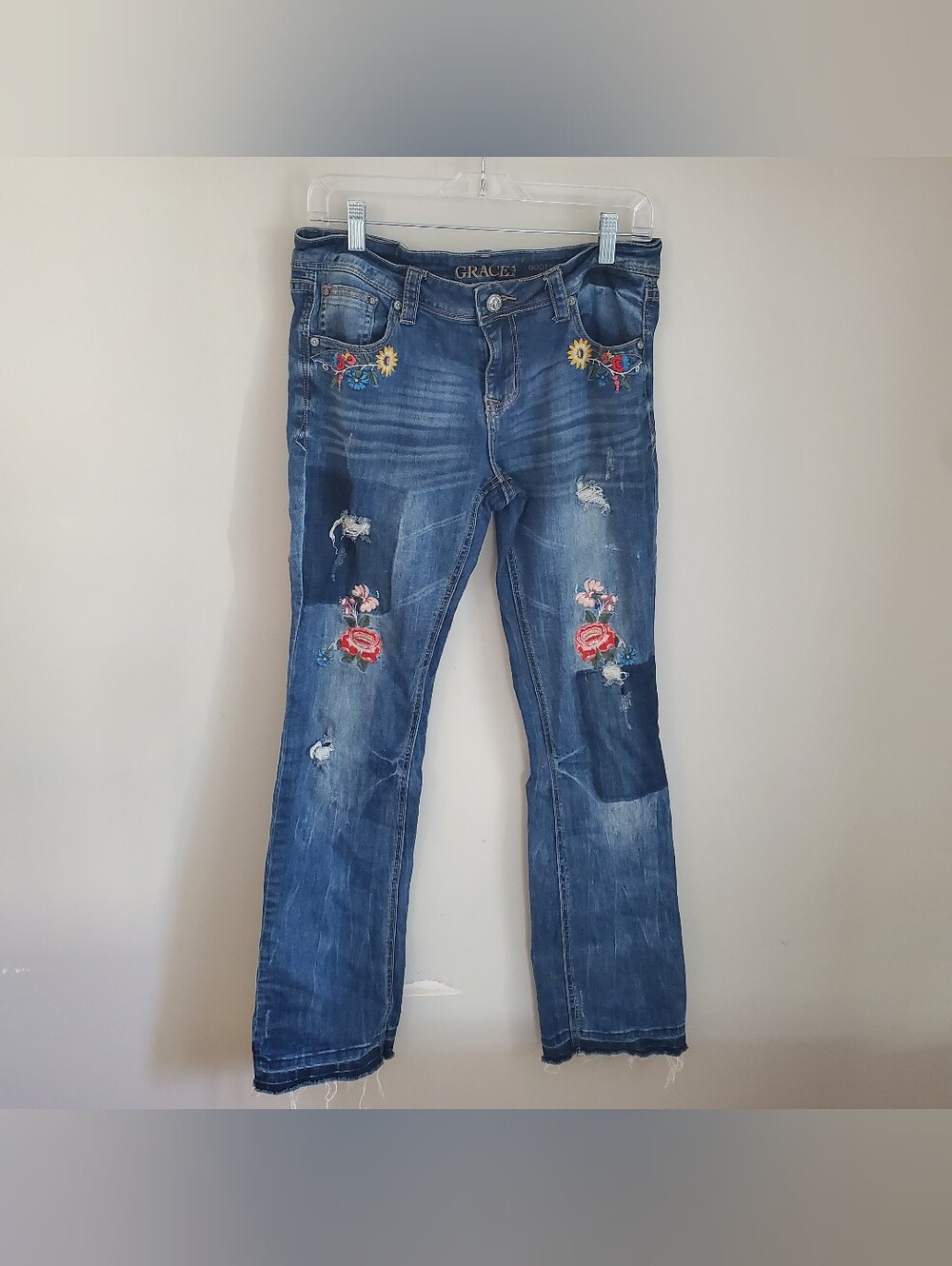 Grace In LA Distressed Floral Embroidered Boot Cut Jeans Western Boho Size 30